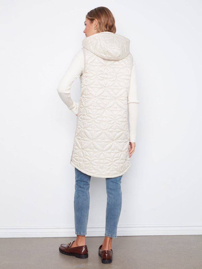 Charlie B • Sleeveless Long Puffer Vest W/ Removable Hood - Pearl