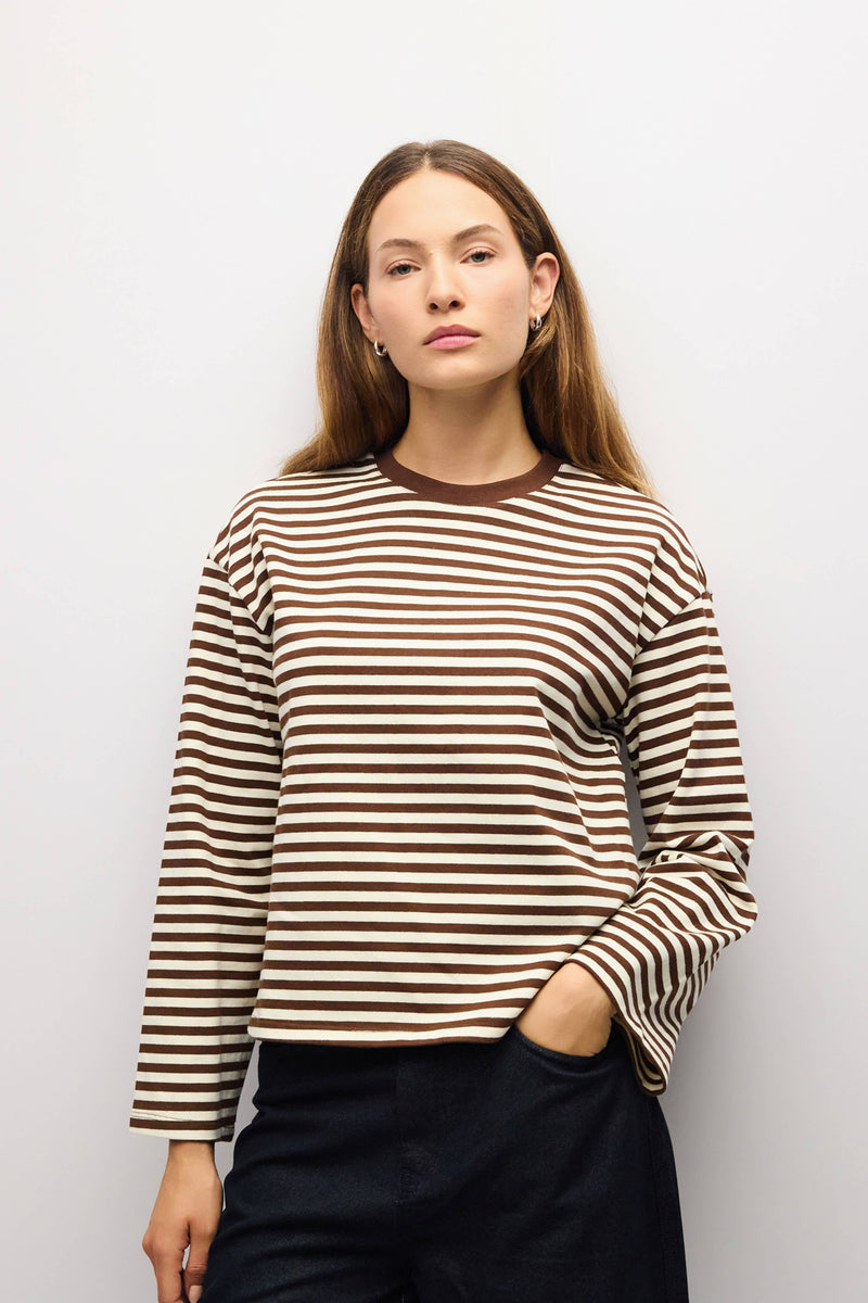 The Jessie Top | Striped Long Sleeve T-Shirt - Brown & Ivory