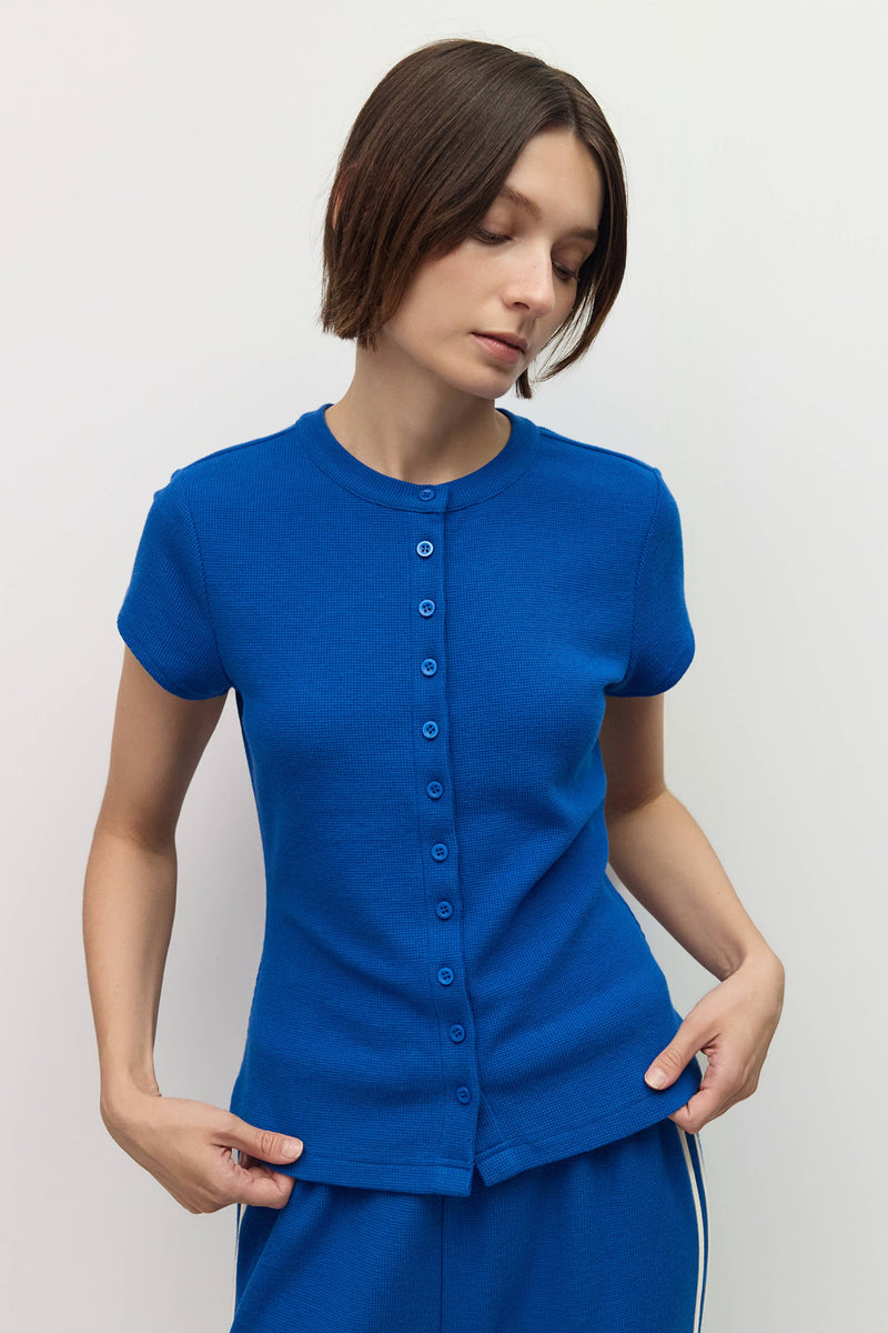 The Enzo Top | Waffle Button-Up Knit Top - Blue