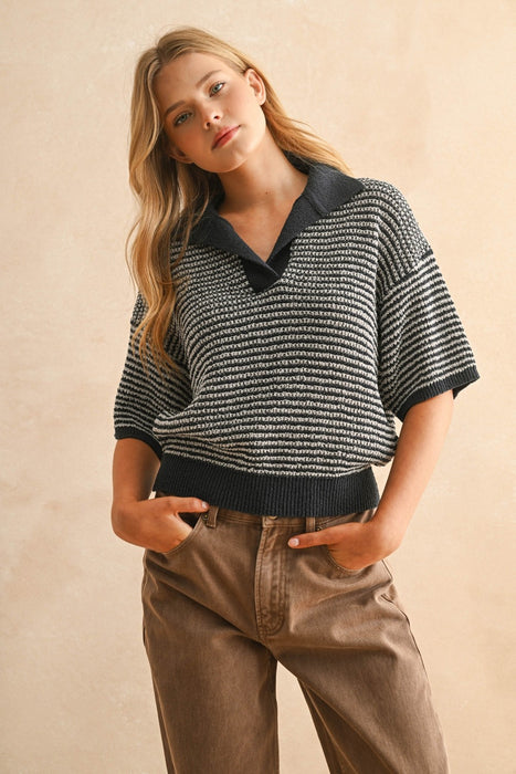 Collared Knitted Top - Navy & Grey