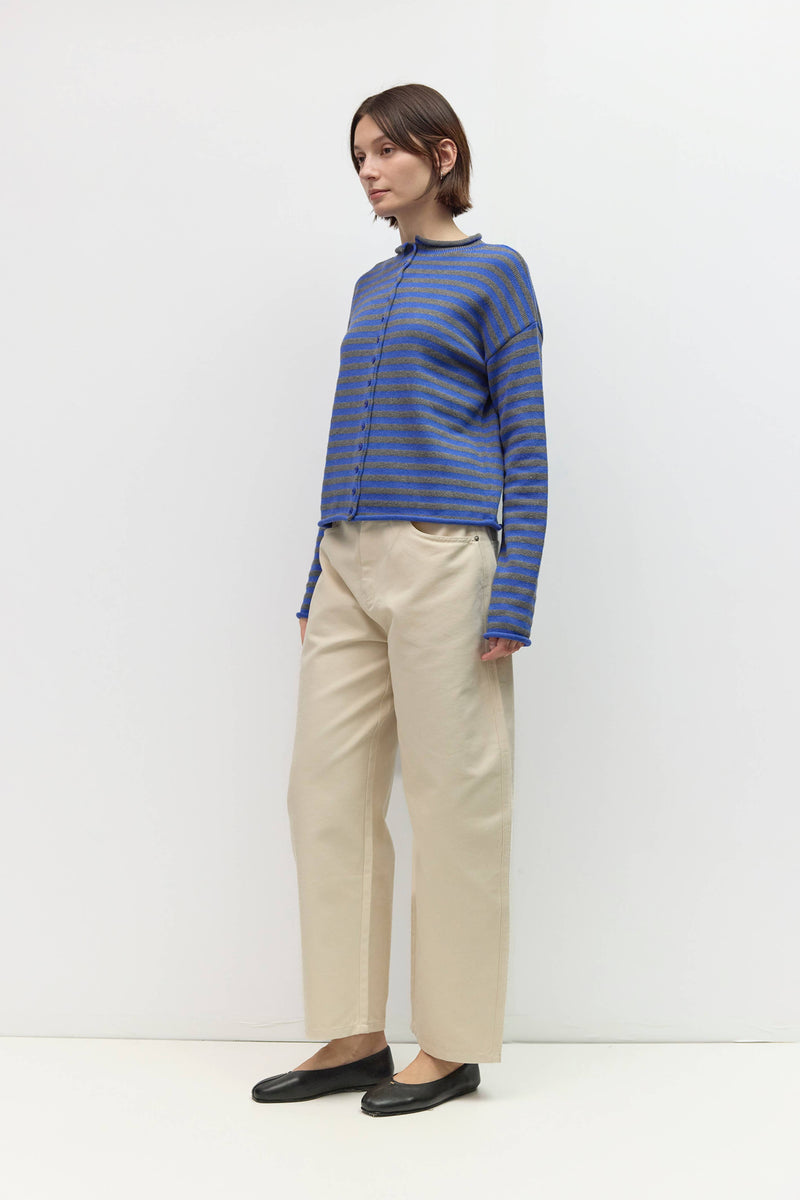 The Cecelia Cardigan | Striped Mock Neck Cotton Cardigan - Blue & Grey