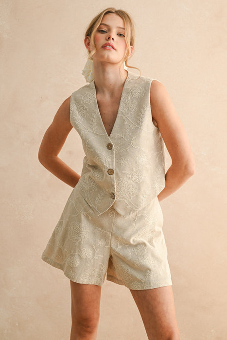 Floral Embroidery Vest - Oatmeal
