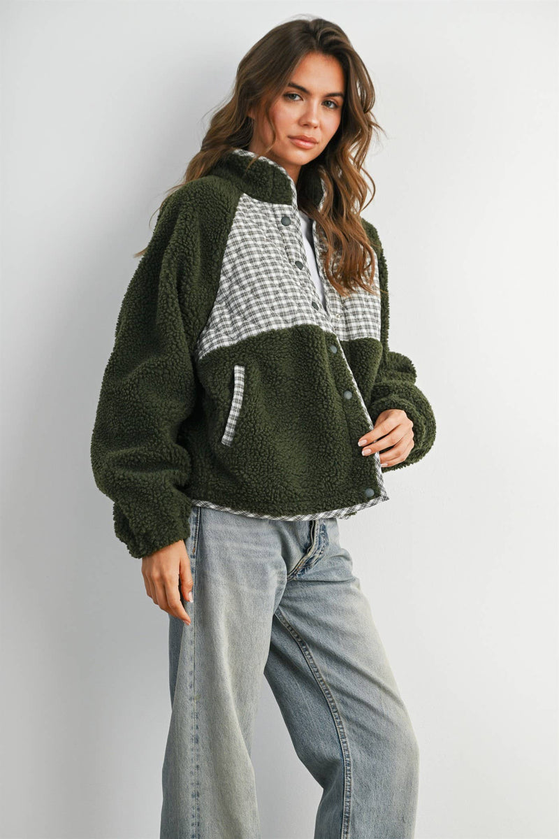 Quilted Sherpa Fleece - Olive Multi