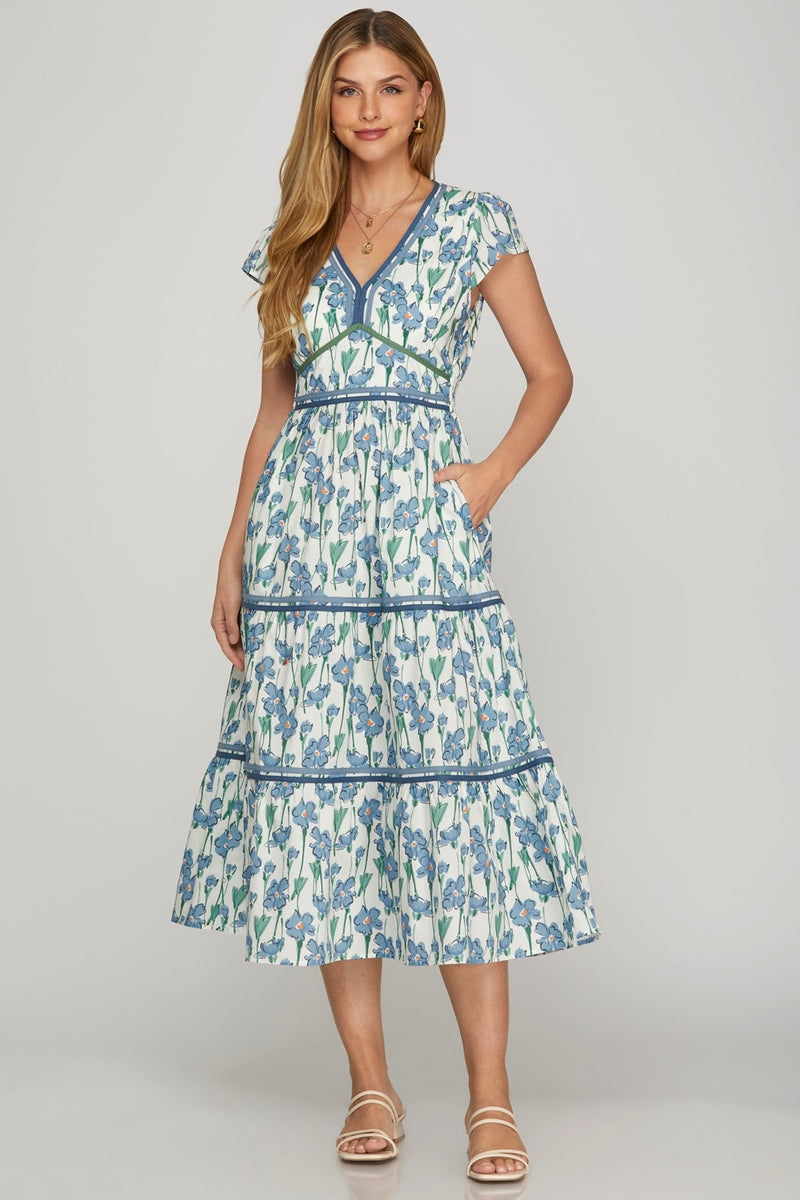 Floral Tiered Dress - Blue