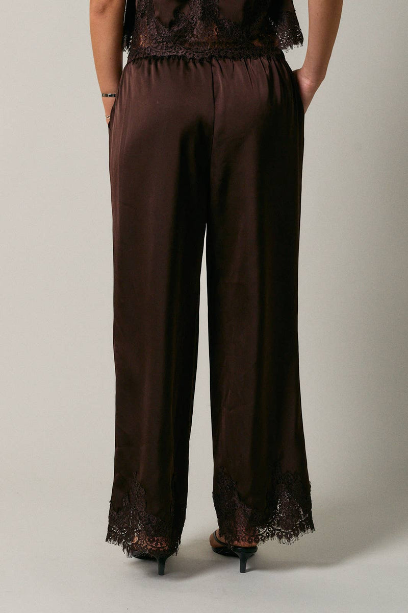 Elastic Waist Lace Trim Wide Leg Pants - Dark Brown