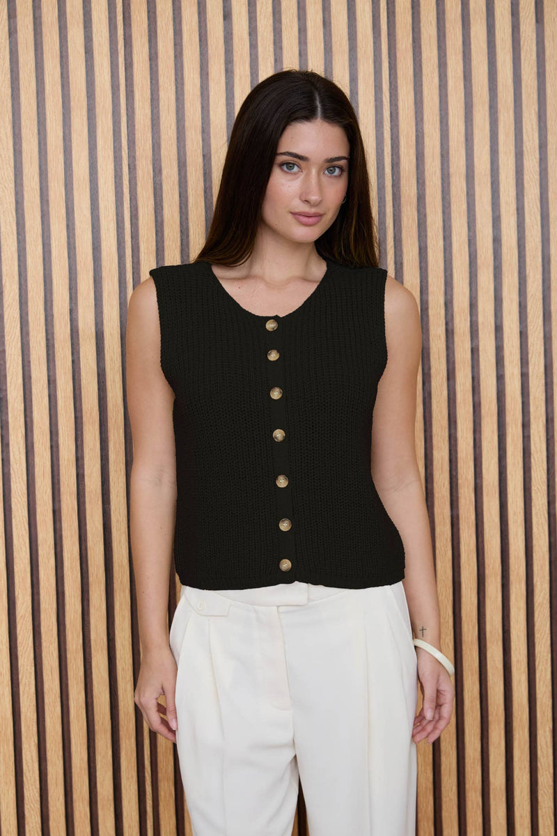 Sleeveless Knit Button Down Cardigan Top - Black