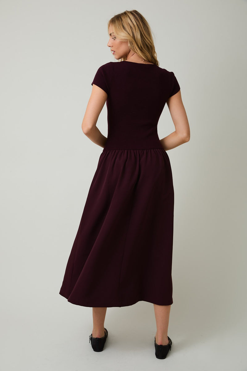 Woven Mix Midi Dress Maroon