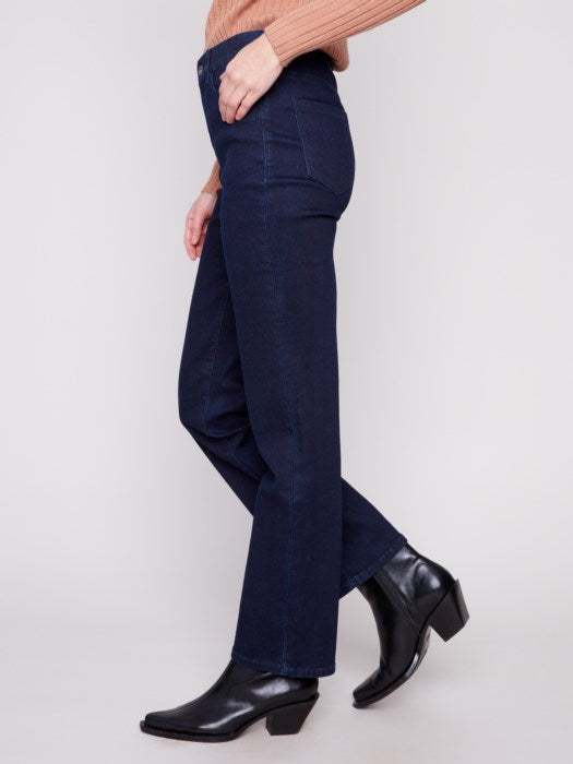 Straight Leg Stretch Denim Pants - Blue Black