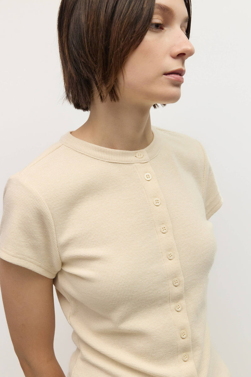 The Enzo Top | Waffle Button-Up Knit Top - Cream