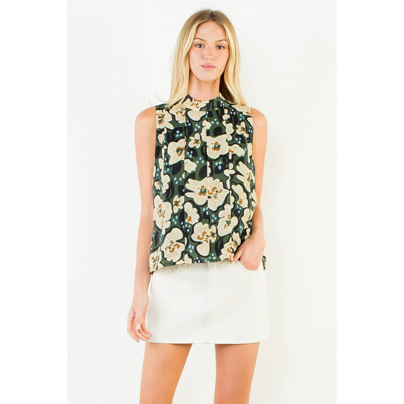 Sleeveless Floral Top W/ Tie Back - Olive