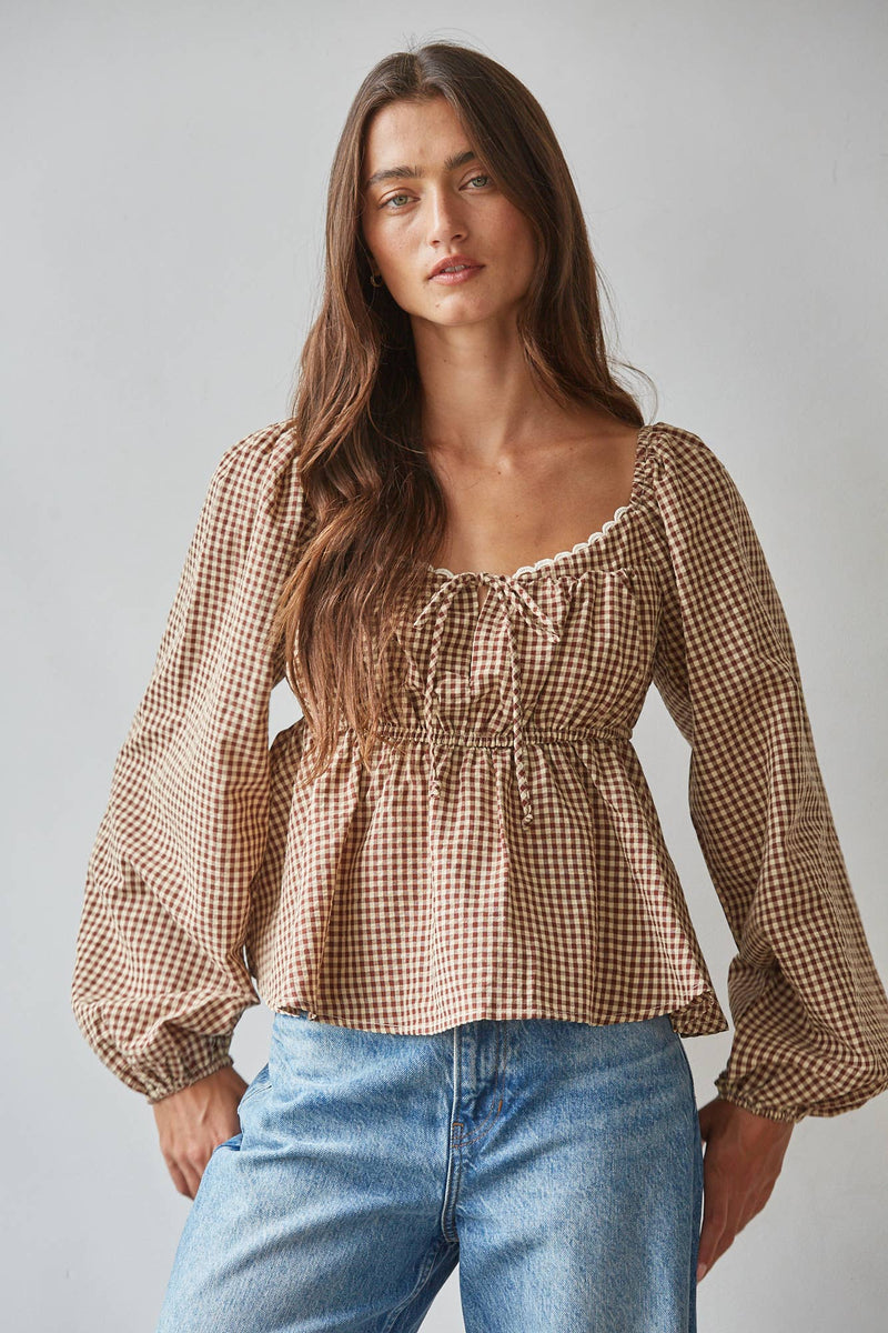 Gingham Peplum Top - Brown