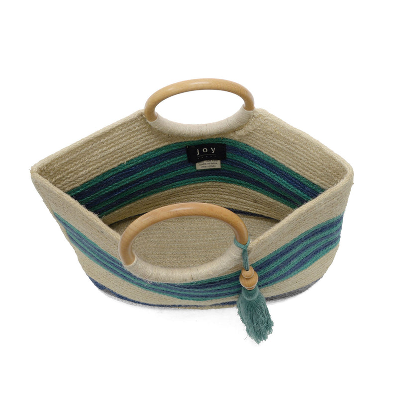 Striped Teagan Wood Handle Jute Tote W/ Tassel - Turq & Navy