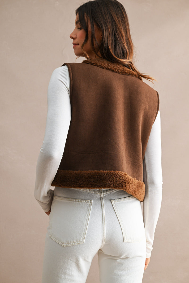 Reversible Vest W/ Sherpa & Suede - Chocolate Brown