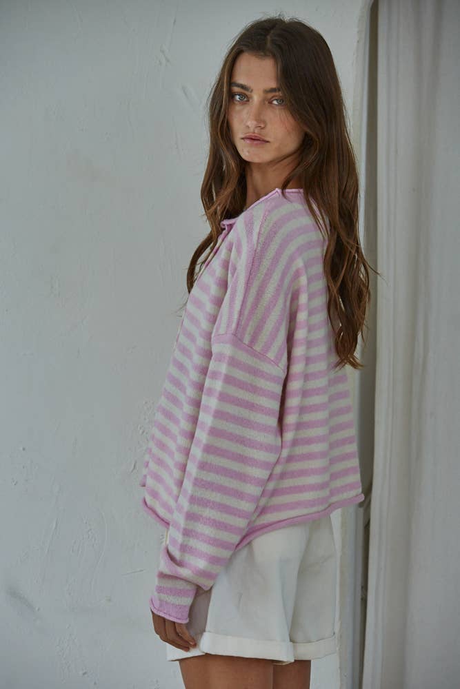 Striped Sweater Cardigan - Pink