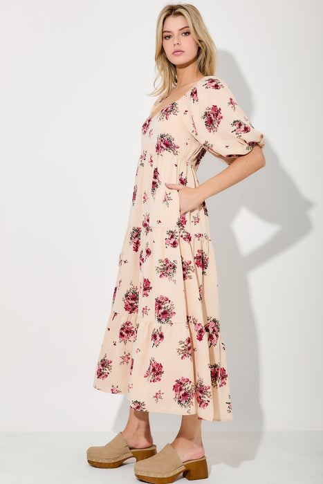 Floral Print Midi Dress - Beige