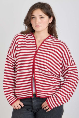 Striped Zip-Up Hoodie - Red & Ivory (Curvy)