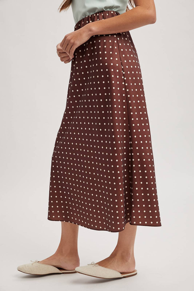 Polka Dot Satin Midi Skirt - Chocolate & White