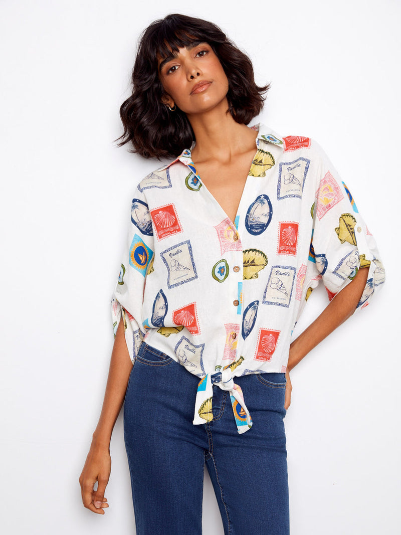 Printed Linen Front Tie Button Down - Postcard