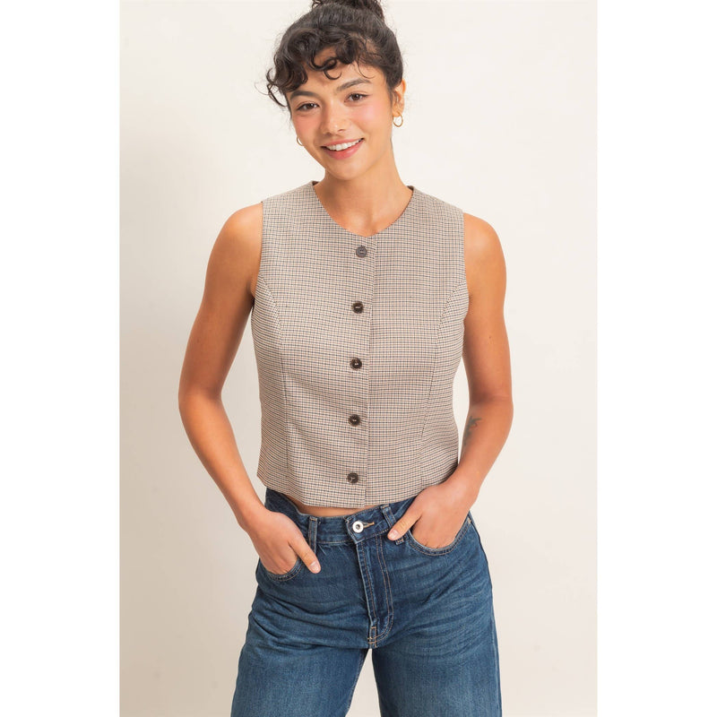 Houndstooth Buttoned Vest Top - Brown
