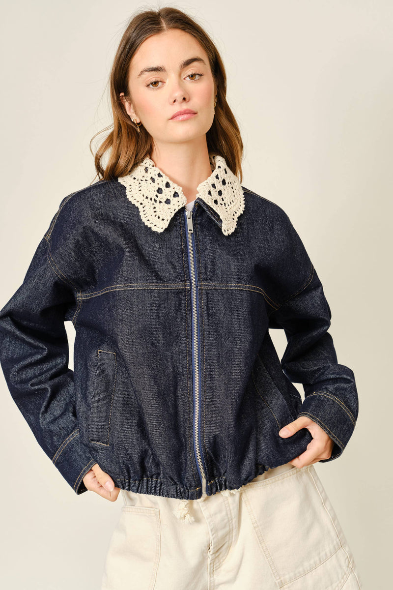 Crochet Collar Denim Jacket - Black Demin