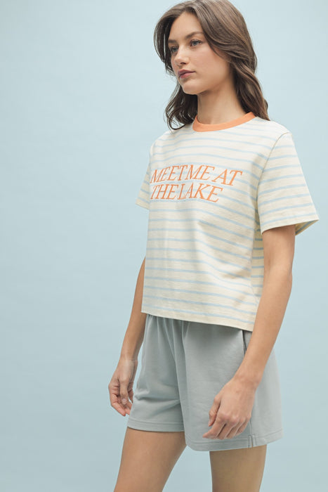 Striped Tee With 'Meet Me At The Lake' Embroidery - Cream & Sky
