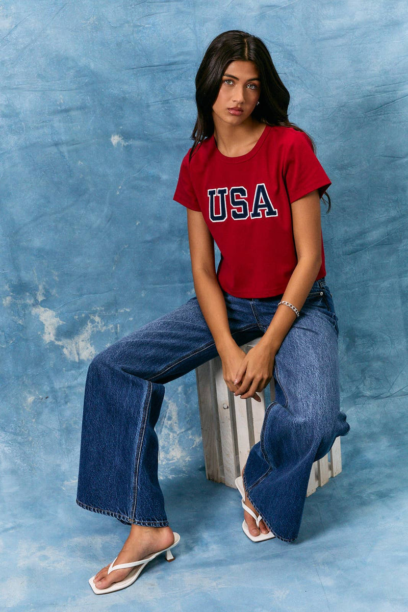 USA Short Sleeve Round Neck Tee - Red