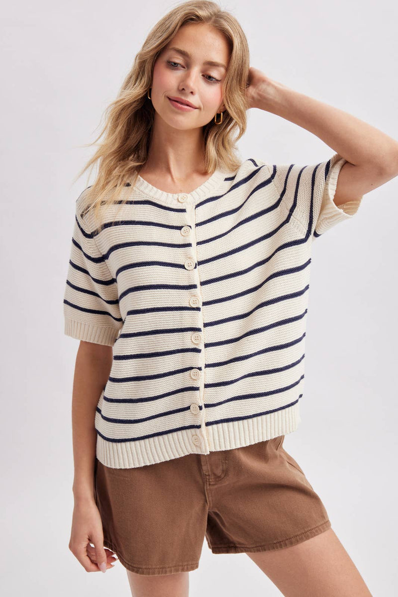 Striped Short-Sleeve Sweater - Navy