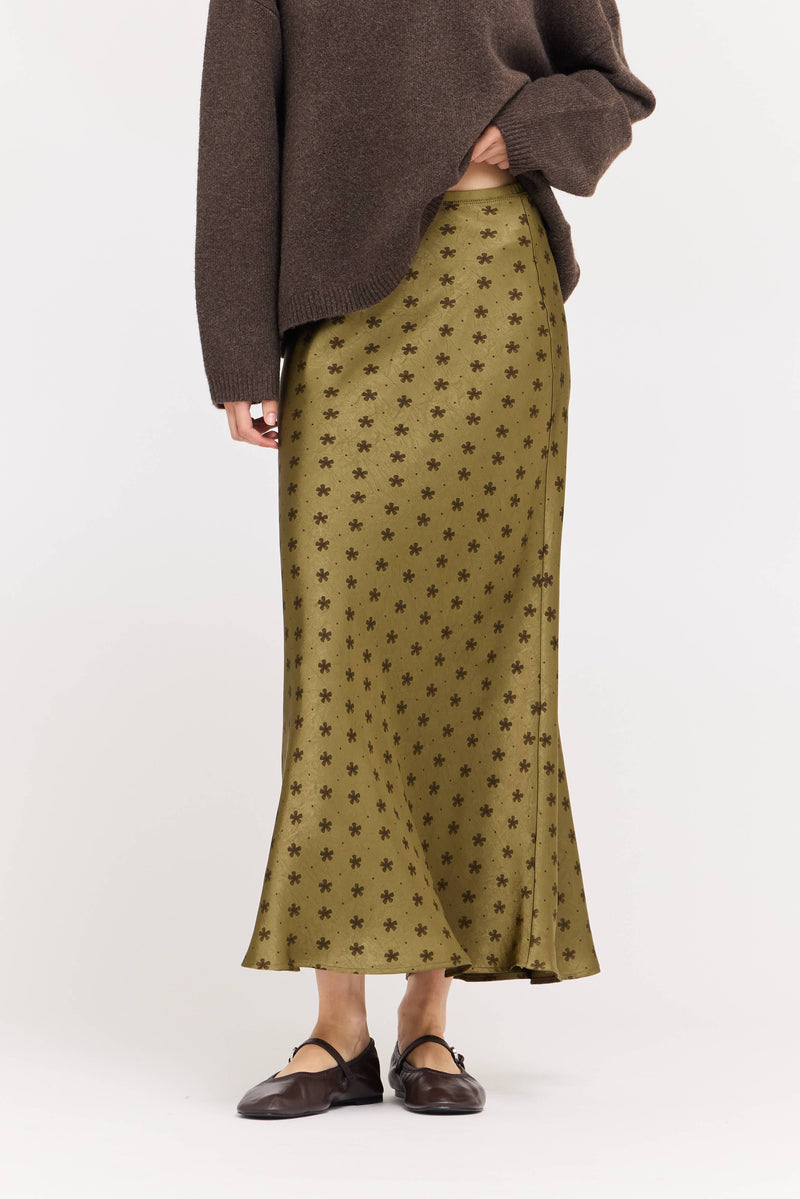 Floral Satin Slip Skirt - Tapenade