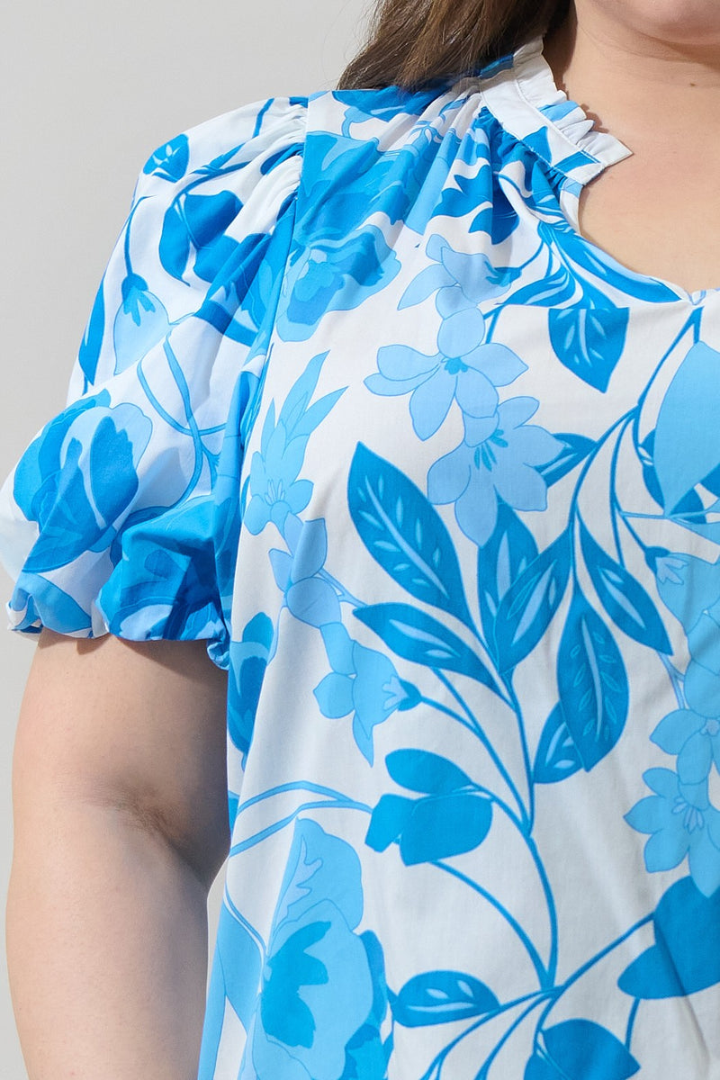 Floral Puff Sleeve Top - White & Blue