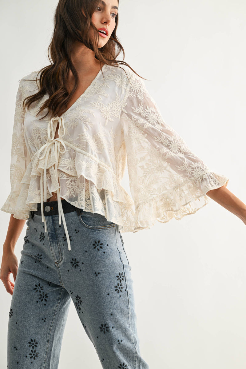 Embroidered Sheer Blouse - Cream
