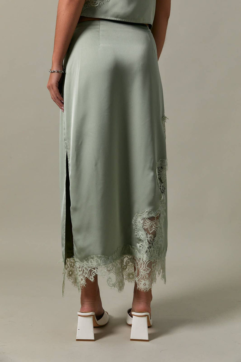 Lace Trim Satin Midi Skirt - Sage