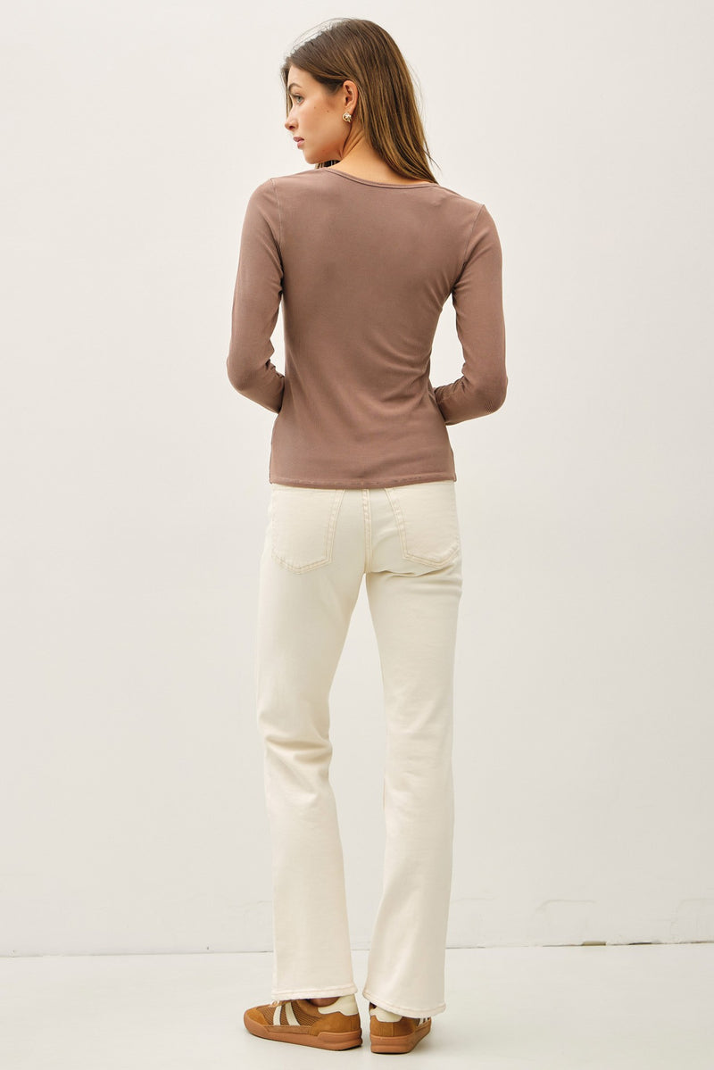Ribbed Notched Neck Top - Mocha