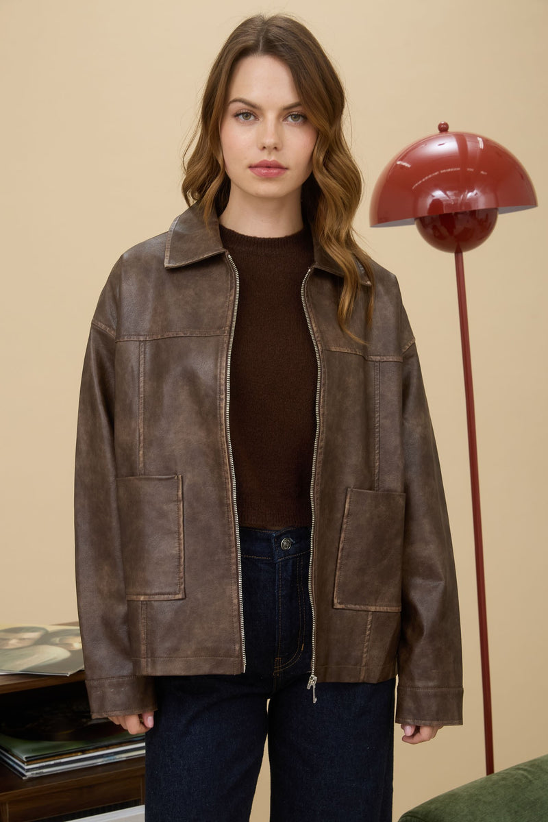 Washed Faux Leather Collared Zip UP Jacket - Brown