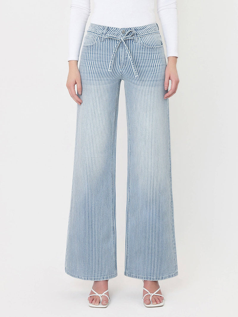 Vervet • High Rise Waist Tie Wide Leg Jeans - Stripe