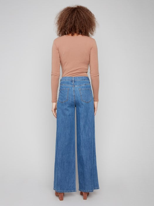 Wide Leg Stretch Denim Pants With Slash Pockets - Classic Denim Classic Blue