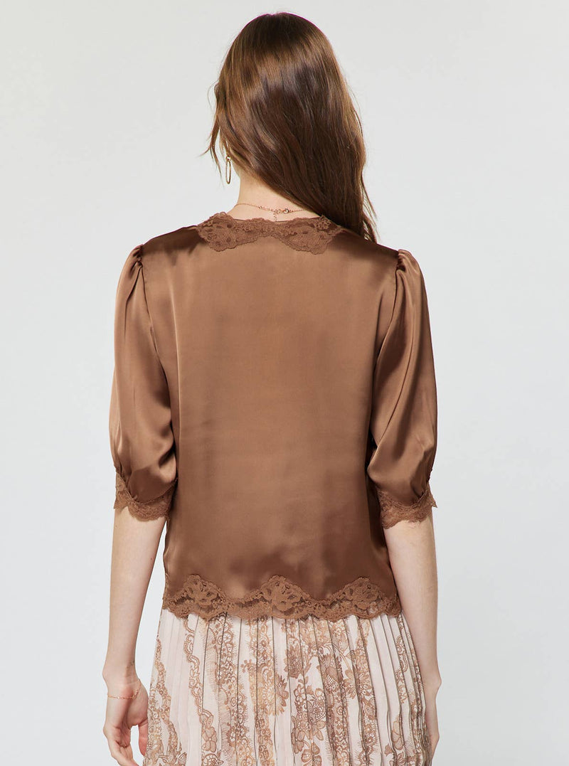 Lace Satin V-Neck Blouse - Mocha