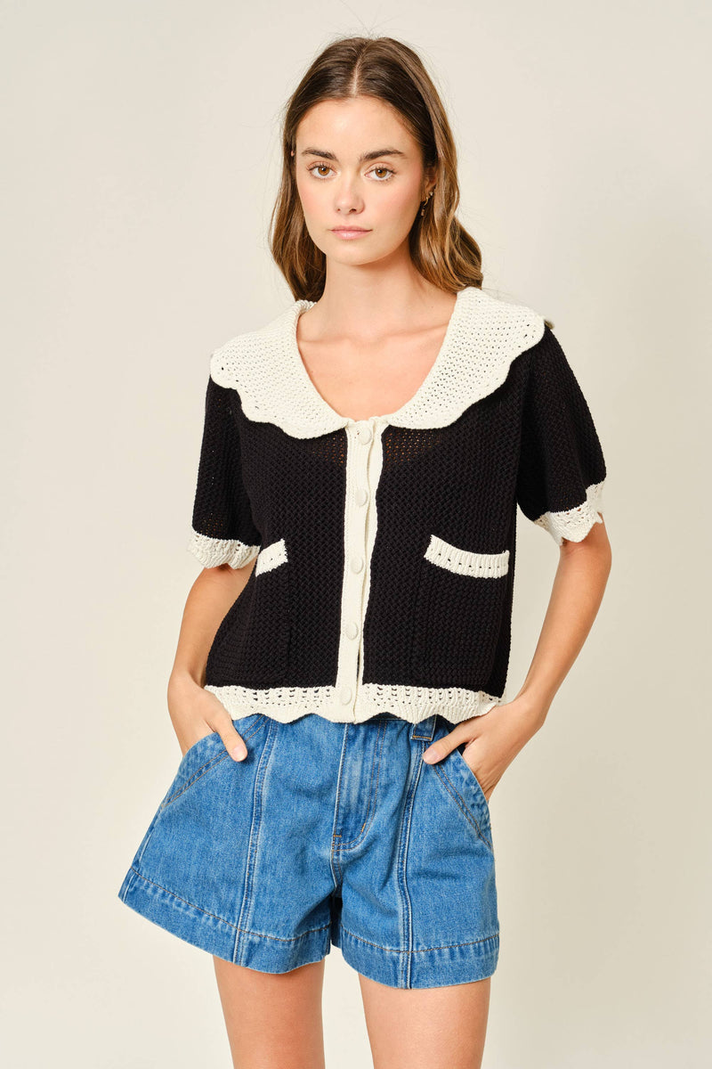 Crochet Collared Sweater Cardigan - Black & Ivory