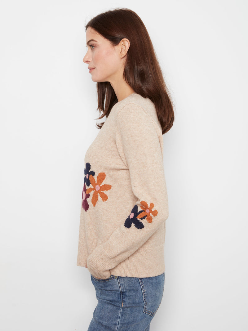 Charlie B • Long Sleeve Crew Neck Sweater W/ Placed Jacquard Flowers - Light Heather Sand