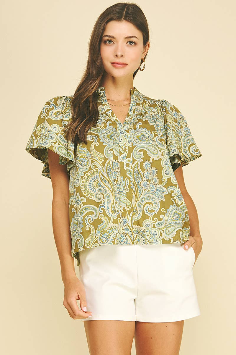 Paisley Print V-Neck Blouse - Khaki
