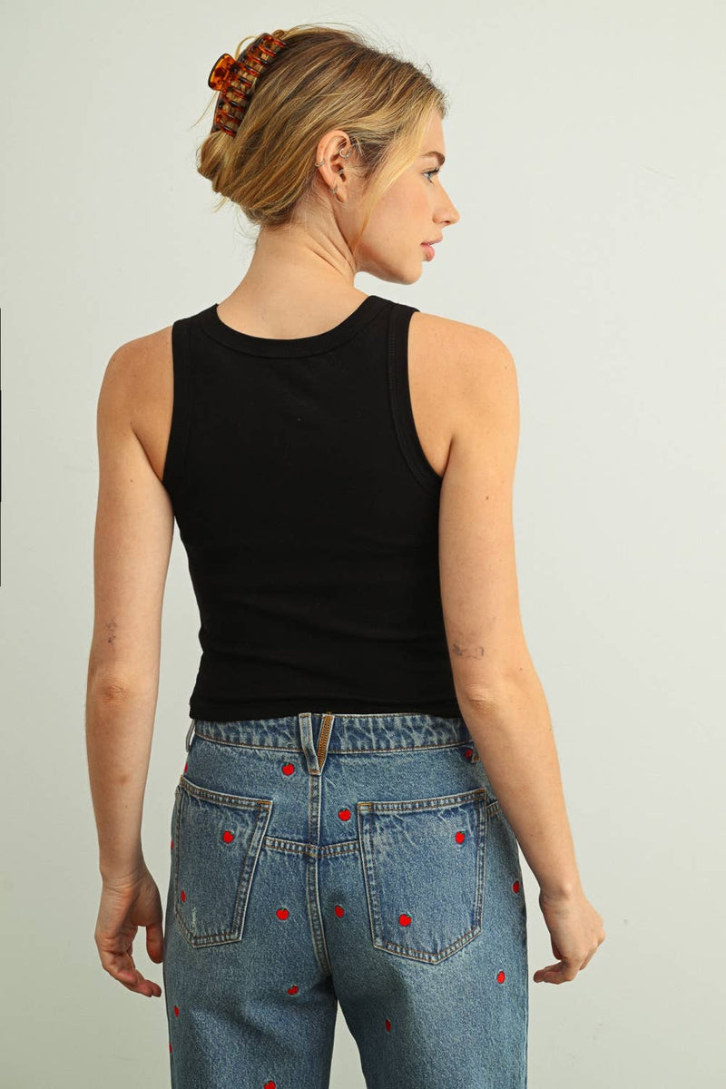 Sleeveless Ribbed Tank with Bra Pad - Black