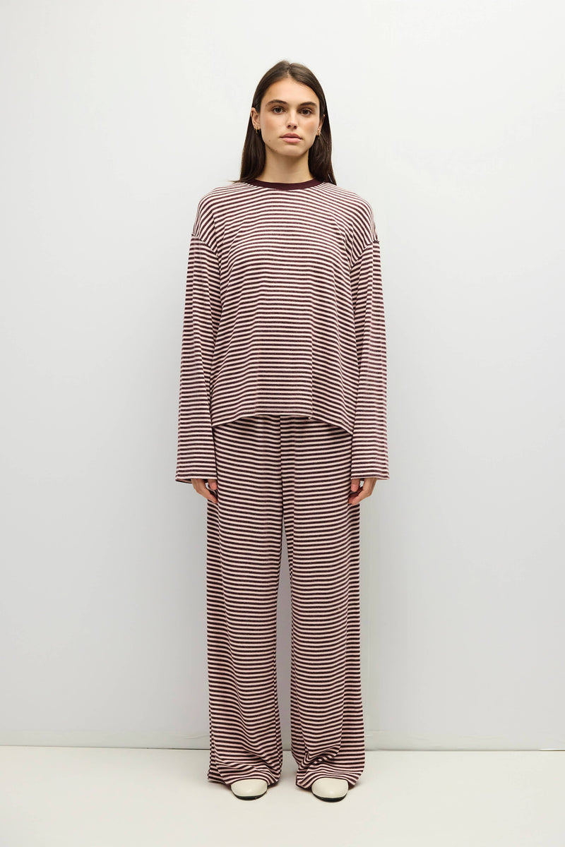 The Brook Top | Striped Long Sleeve Relaxed Tee - Pink & Burgundy