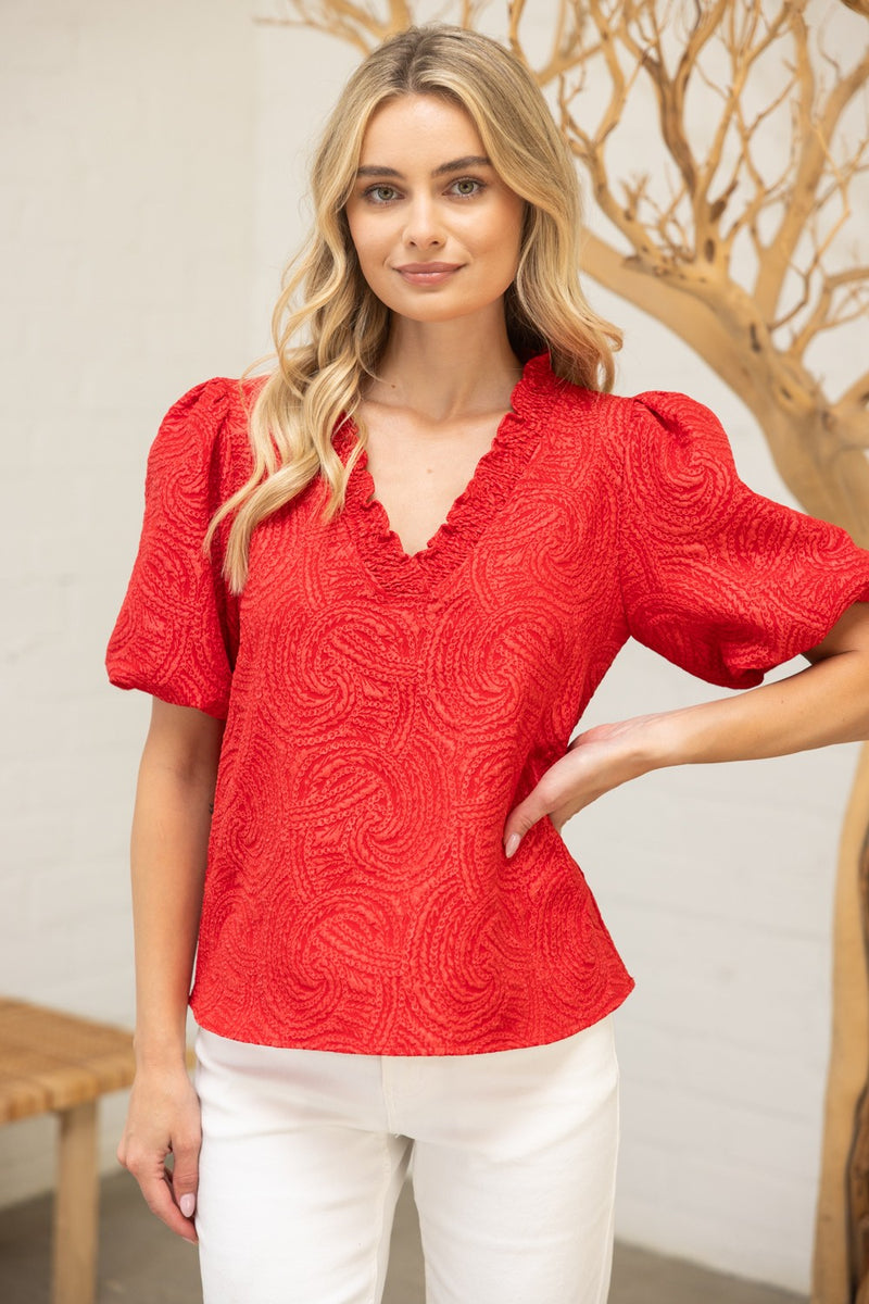 Smocked V Neck Top - Red