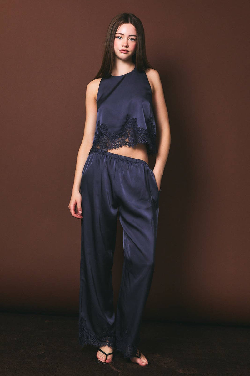 Halter Neck Lace Trim Sleeveless Top - Dusty Blue