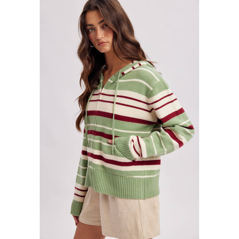 Stripe Sweater Hoodie - Sage & Burgundy