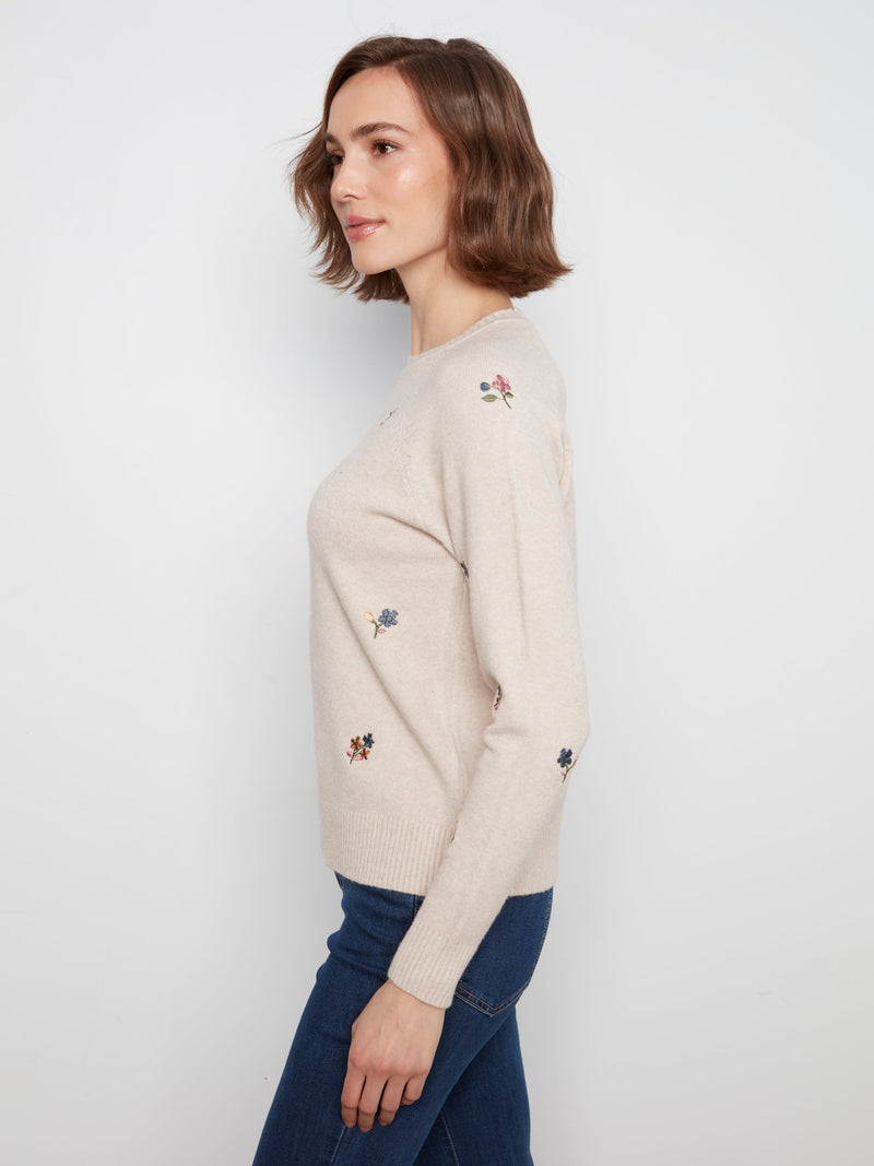 Charlie B • Embroidered Raglan Sleeve Crewneck Sweater - Almond