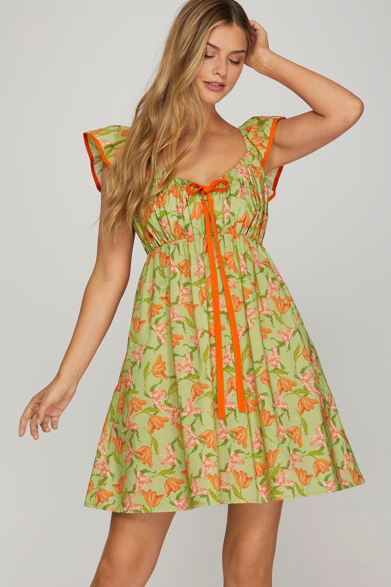 Floral Print Mini Dress - Sage & Orange