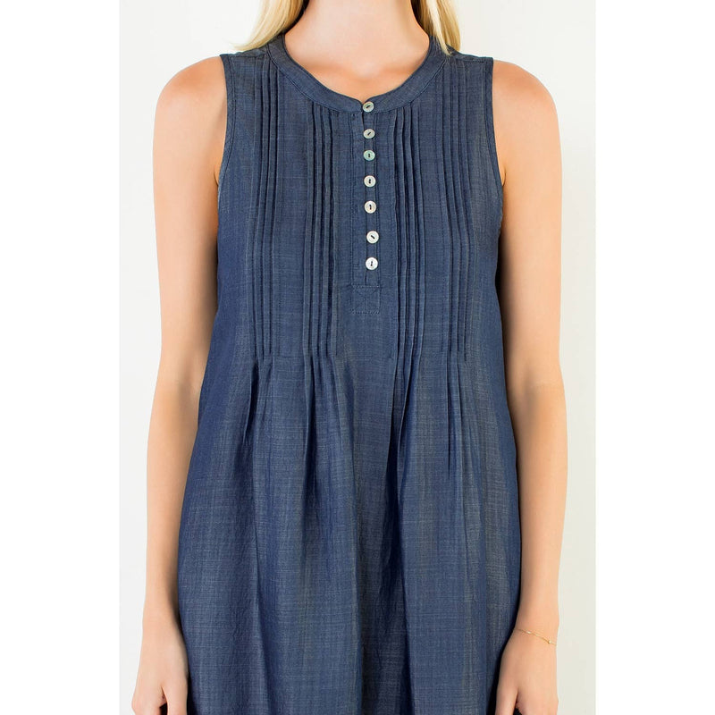 Sleeveless Denim Button Dress - Dark Blue