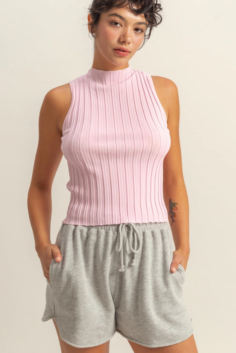 Ribbed Mock Neck Knit Top - Soft Pink