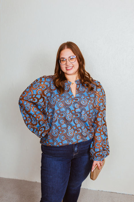 Long Sleeve Embroidered Shirt with Sequin - Blue/Brown