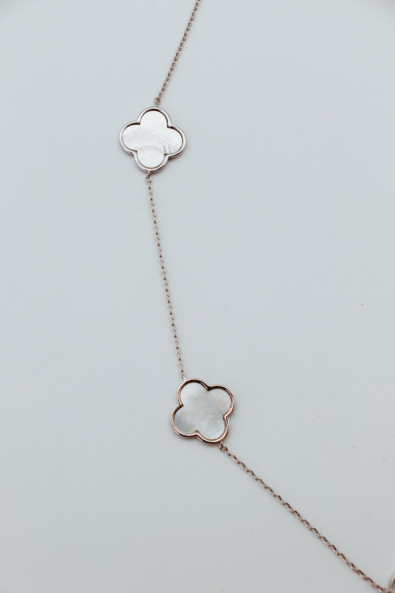 Rhodium Plated Jumbo MOP 5 Clover Station Necklace